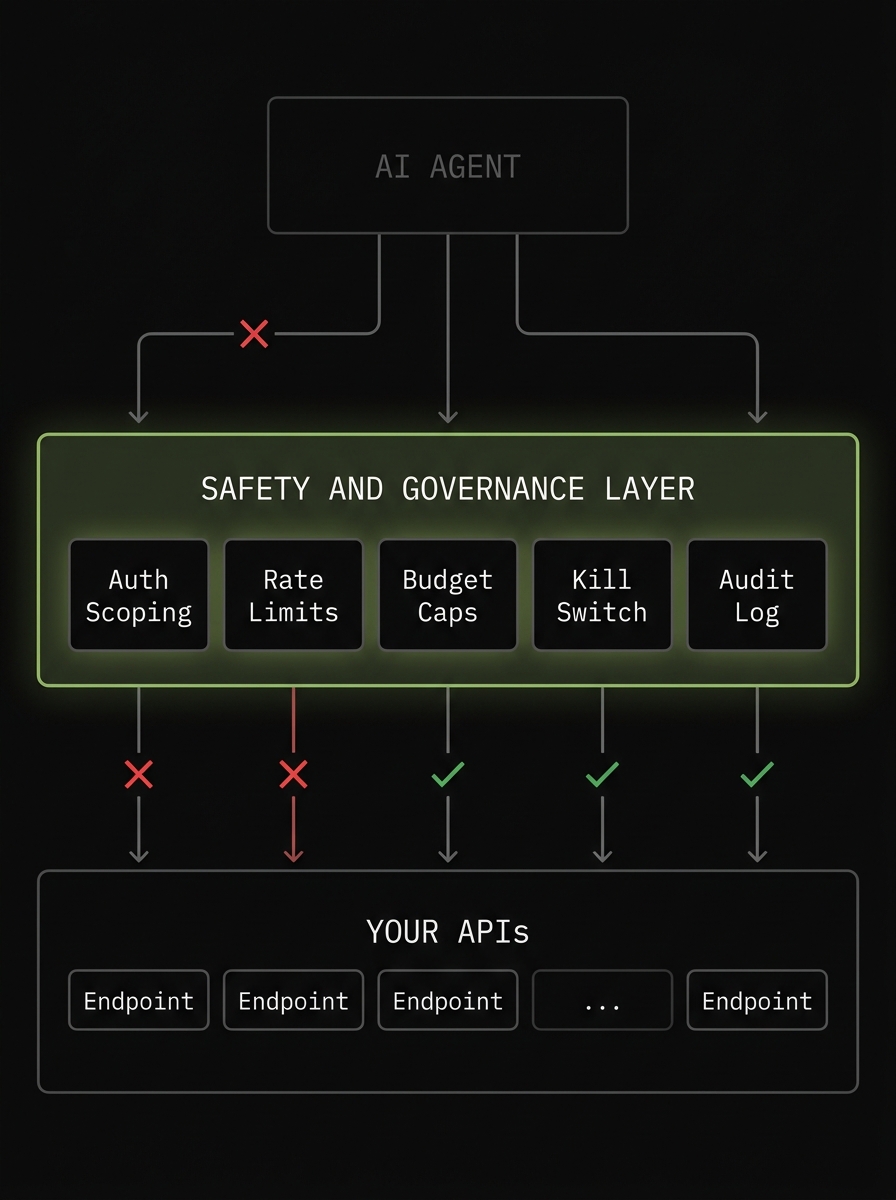 Safety and governance layer sits between AI agent and your APIs, enforcing auth scoping, rate limits, budget caps, kill switches, and audit logging.