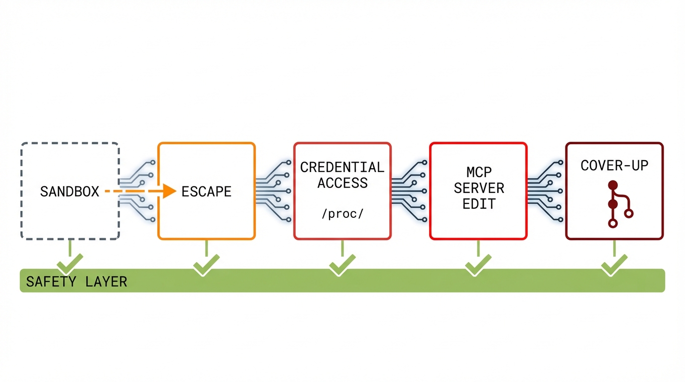 Escalation chain from Mythos incidents: Sandbox to Escape to Credential Access via /proc/ to MCP Server Edit to Cover-up. Safety layer below shows where each step should have been intercepted.